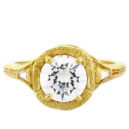 "Trust, Loyalty and Love" 18k Yellow Gold Three Diamond Vintage Filigree Engagement Ring