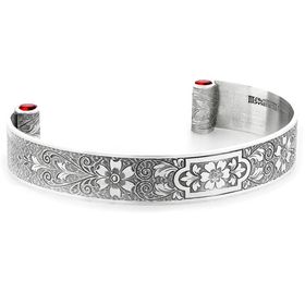 "Aphrodite's Flower" Women's Engraved Sterling Silver Cuff Bracelet with Rubies
