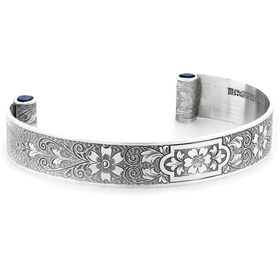 "Aphrodite's Flower" Women's Engraved Sterling Silver Cuff Bracelet with Sapphires