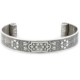 "Aphrodite's Flower" Women's Engraved Sterling Silver Cuff Bracelet with Rubies