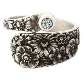 "Posey" Vintage Sterling Silver Spoon Ring With Diamond