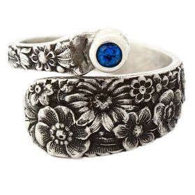 "Posey" Vintage Sterling Silver Spoon Ring With Sapphire