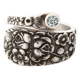 "Rose" Vintage Sterling Silver Spoon Ring With Diamond