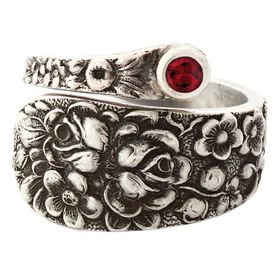"Rose" Vintage Sterling Silver Spoon Ring With Ruby