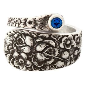 "Rose" Vintage Sterling Silver Spoon Ring With Sapphire