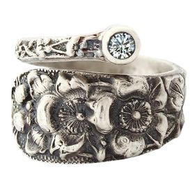 "Forget Me Not" Vintage Sterling Silver Spoon Ring With Diamond
