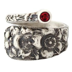 "Forget Me Not" Vintage Sterling Silver Spoon Ring With Ruby