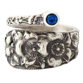 "Forget Me Not" Vintage Sterling Silver Spoon Ring With Sapphire