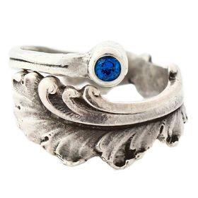 "Plume" Vintage Sterling Silver Spoon Ring With Sapphire